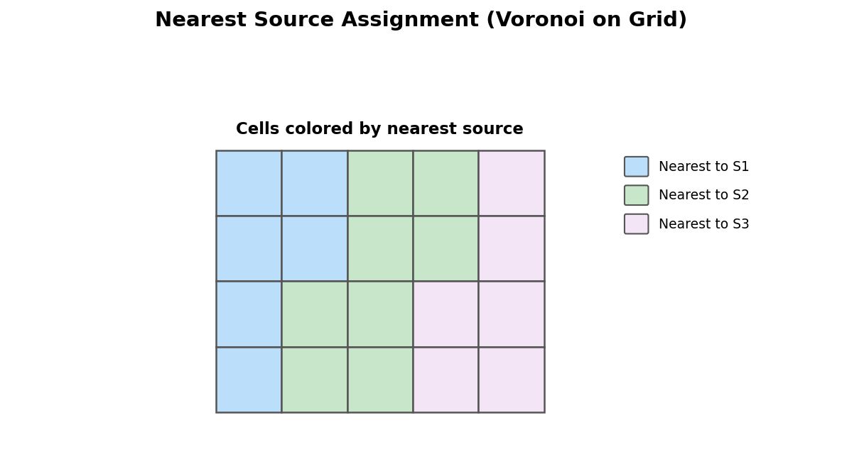 Voronoi-like partition: each cell colored by its nearest source