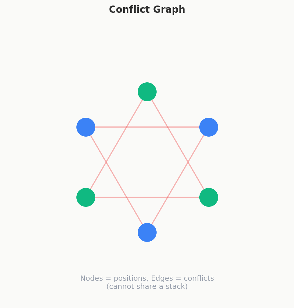 Conflict graph: nodes are positions, edges connect conflicting pairs that cannot share a stack