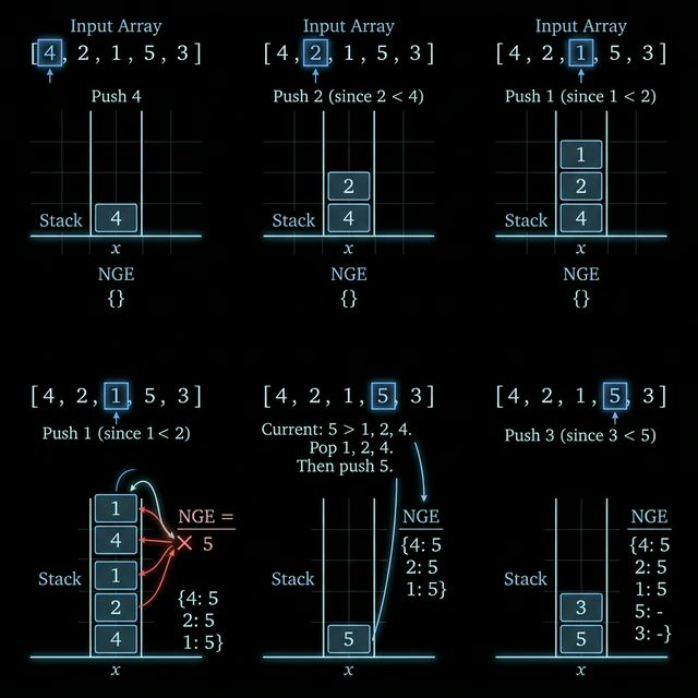 NGE algorithm step-by-step trace on array [4, 5, 2, 10, 8]