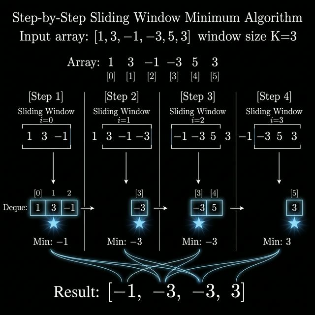 Sliding window trace showing deque state and output at each step of the example
