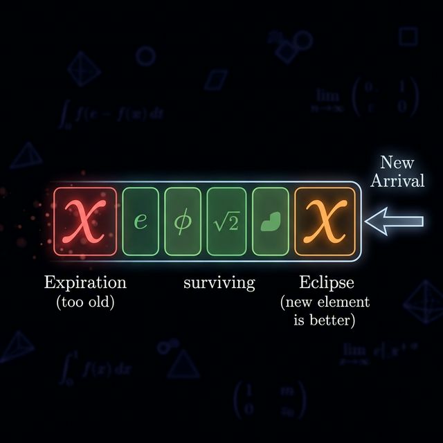 Dual pop conditions: eclipse removes dominated elements from the back, expiration removes aged-out elements from the front