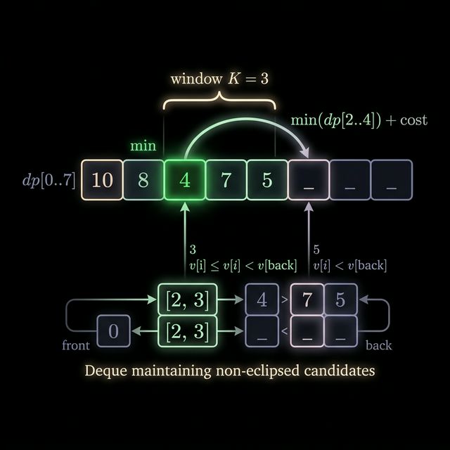 DP transition window sliding forward as i increases, mapping directly to the sliding window min/max problem