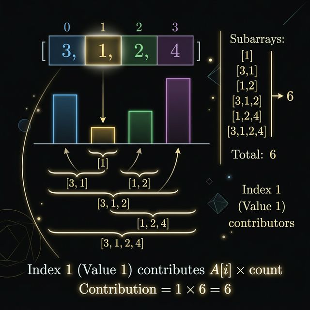 Contribution counting showing how many subarrays each element is the minimum of