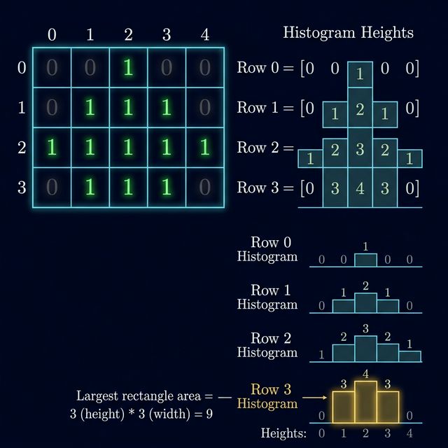 Row-by-row accumulation showing how each row of a binary matrix becomes a 1D histogram