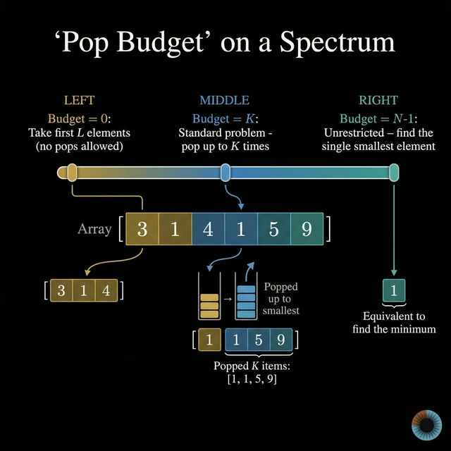 The budget spectrum — from no pops (take first L) to unrestricted (find single minimum)