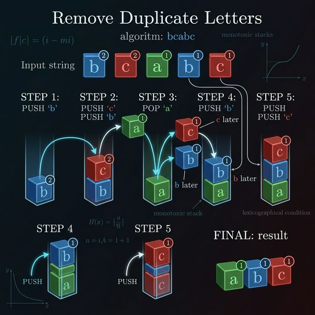Remove Duplicate Letters trace on 'bcabc' — stack state at each step with remaining-count badges
