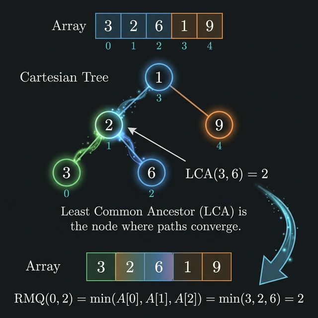 LCA equals RMQ — path to root for two nodes converges at their range minimum