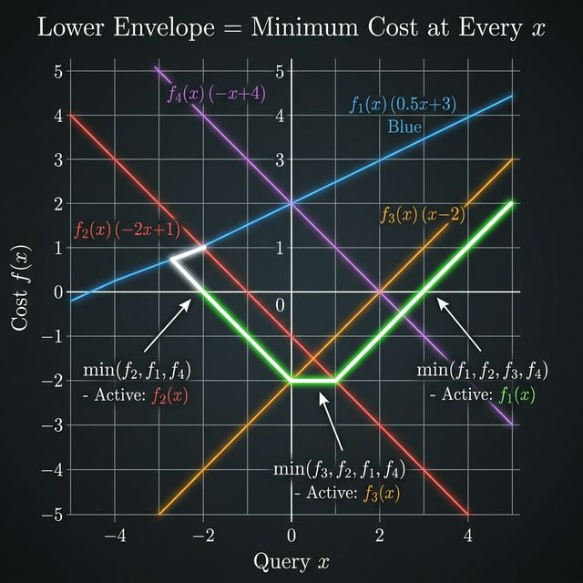 Lower envelope — multiple lines plotted on a coordinate plane, with the piecewise minimum traced in bold showing which line is optimal at each x
