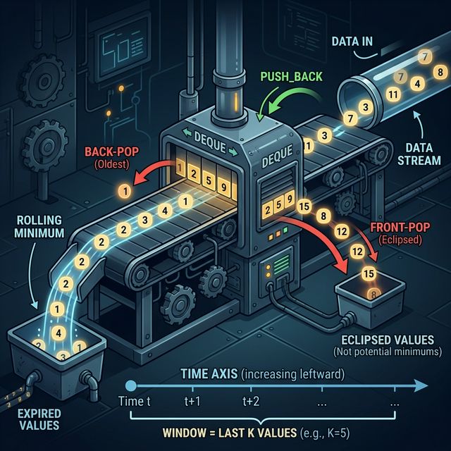 Streaming deque — data flows in from the right, expired values fall off the front, eclipsed values fall off the back