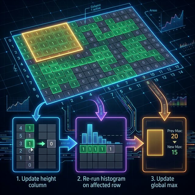 Real-time heatmap — a cell flips, height column updates, histogram re-runs on affected rows, global max refreshes