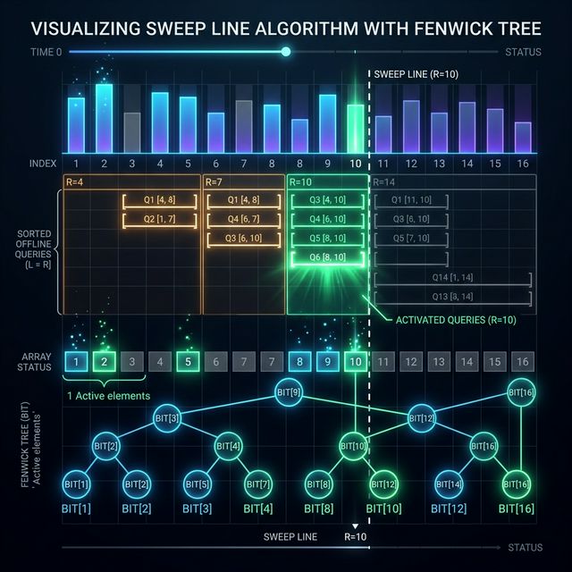 Offline sweep — vertical sweep line moves right, queries activate at their right endpoint, Fenwick Tree tracks stack elements