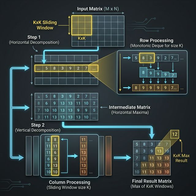 2D monotonic queue — horizontal pass compresses each row, vertical pass compresses each column, giving K×K max