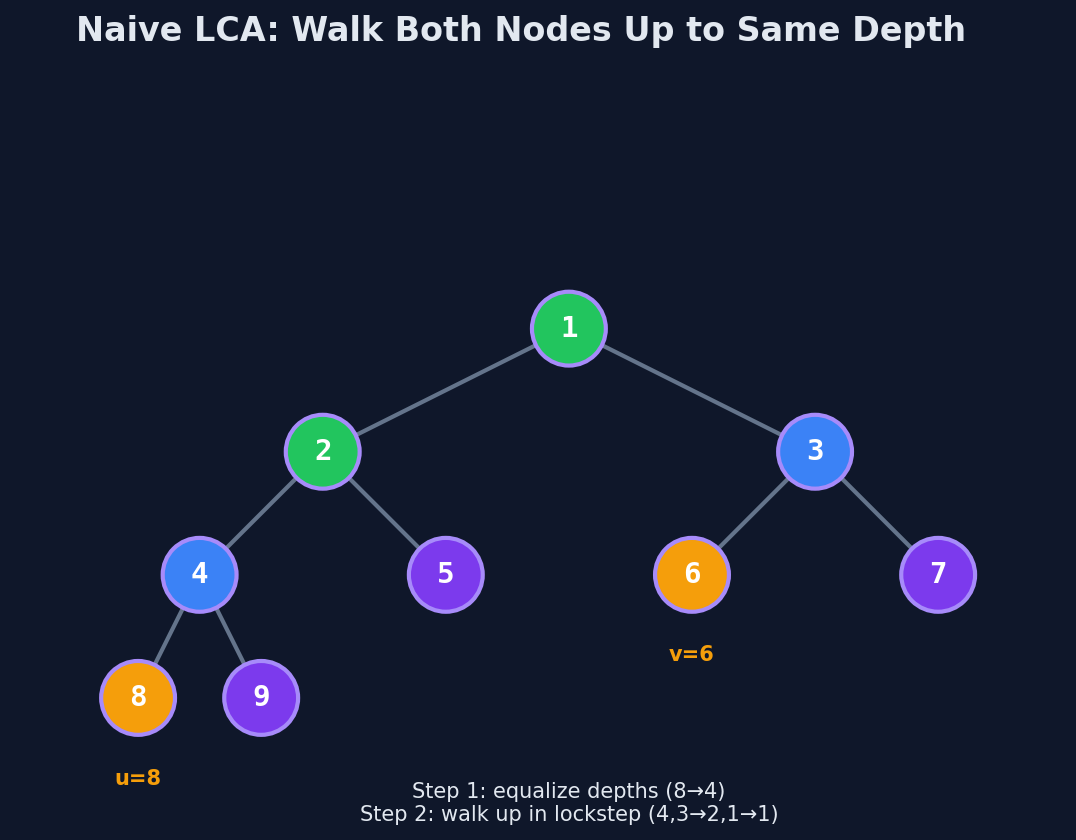 Naive LCA walks both nodes up to the same depth, then up in lockstep