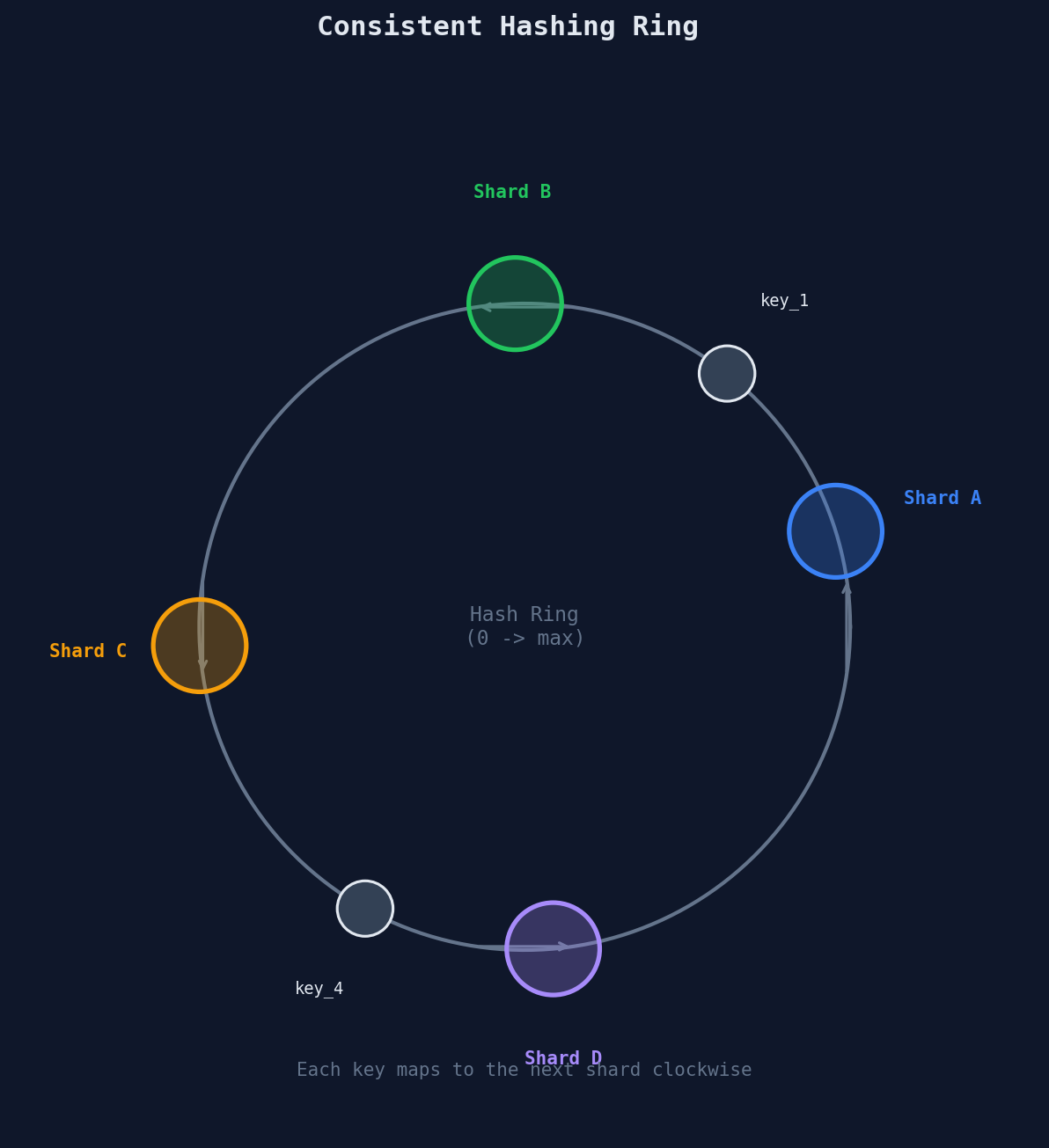 Consistent hash ring: shards and keys mapped onto a circular ring, each key assigned to the next clockwise shard