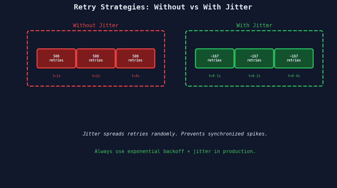 Retry with jitter: spreading retries randomly vs synchronized spikes