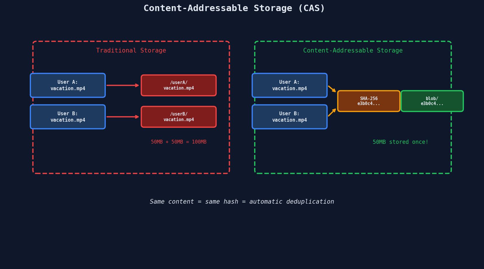 Content-addressable storage comparison showing traditional storage using 100MB for duplicate files vs CAS using 50MB by storing once